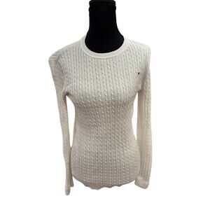 Tommy Hilfiger White Cable Knit Sweater Women’s XS Classic Logo Crewneck